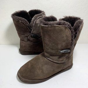 Bearpaw Victorian Boots Sheepskin Suede Toggle Booties Chocolate Brown Size 7